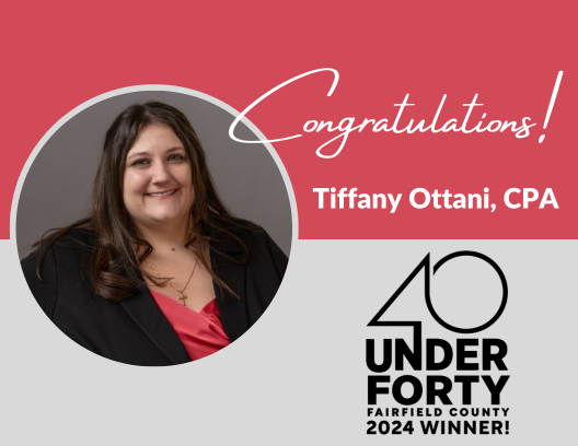 smiling female CPA Tiffany Ottani in black suite with Congratulations for winning 2024 40 Under Forty award