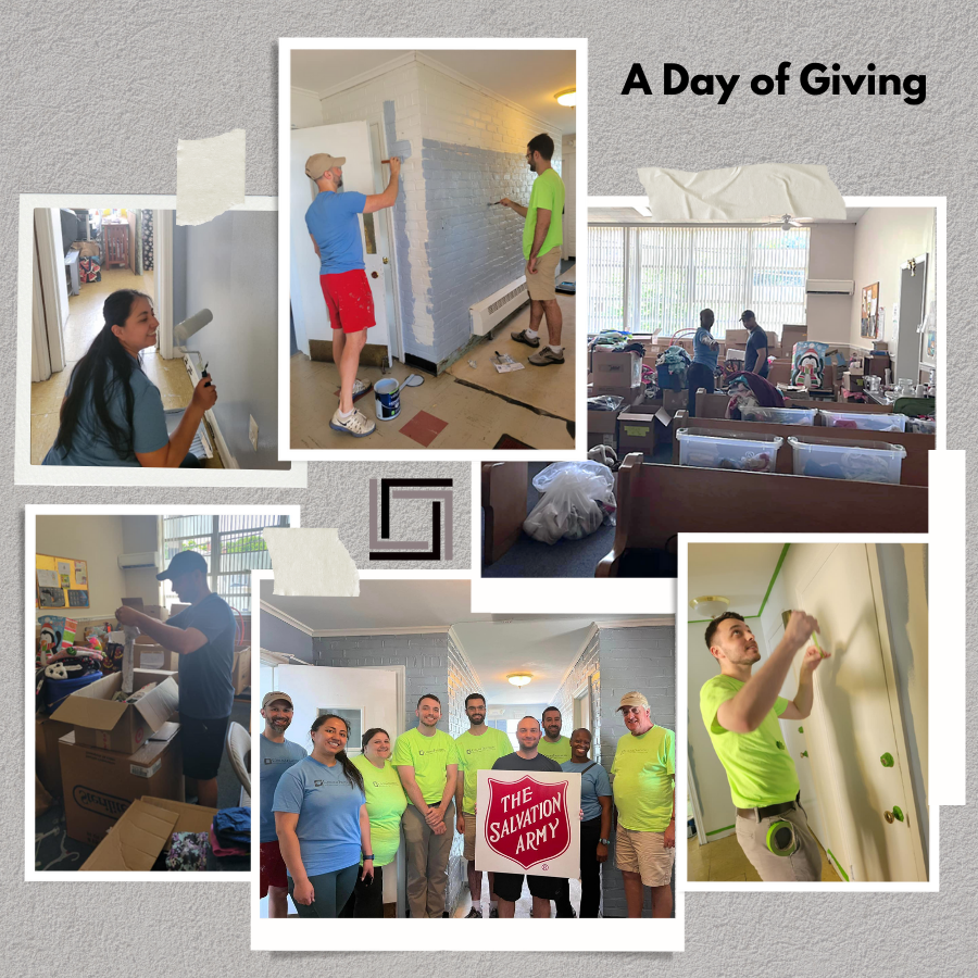 A collage of photos of people volunteering at United Way painting and sorting through donation boxes.