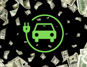 Depiciton of a clean energy vehicle with a graphic of a green car with an electric plug and dollars floating around it.