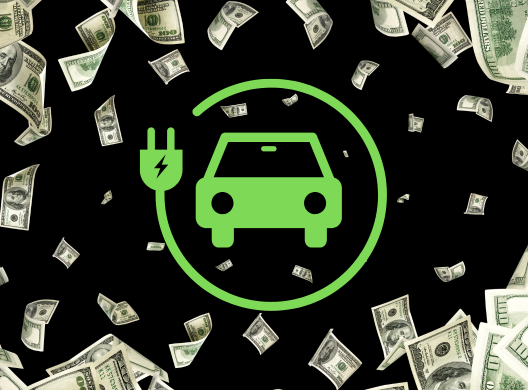 Depiciton of a clean energy vehicle with a graphic of a green car with an electric plug and dollars floating around it.