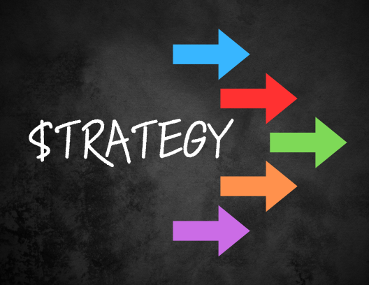 the word "strategy" with arrows pointing to the right