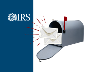 IRS logo and mailbox with two envelopes