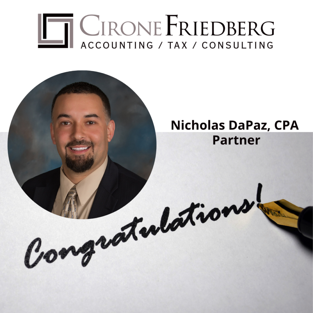 Nicholas DaPaz CPA Partner and Congratulations written with pen