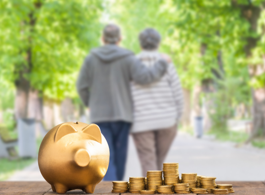 An older couple walking together in the distance and a piggy bank and stacks of coins in front.