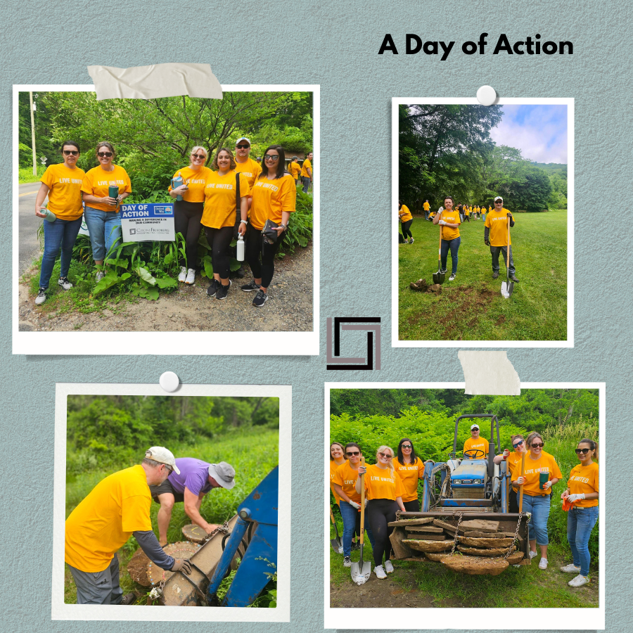 A collage of four photos of peole in yellow tee shirts doing outside work at a park for Salvation Army.